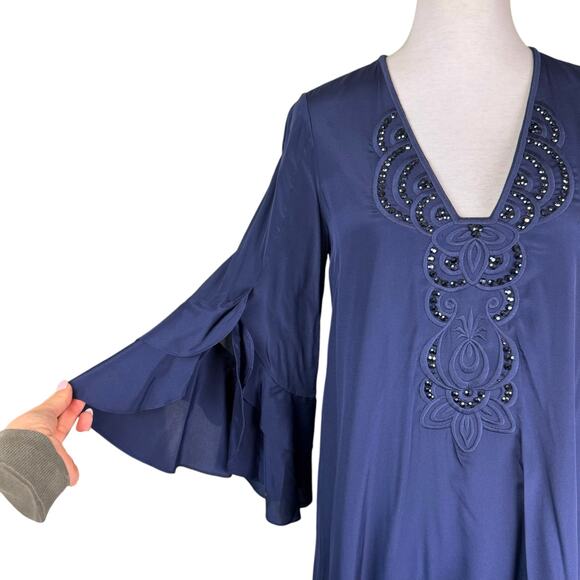 Lilly Pulitzer Tatiana Navy Sequin Silk Blend Long Bell Sleeve Mini Tunic Dress - Picture 7 of 13